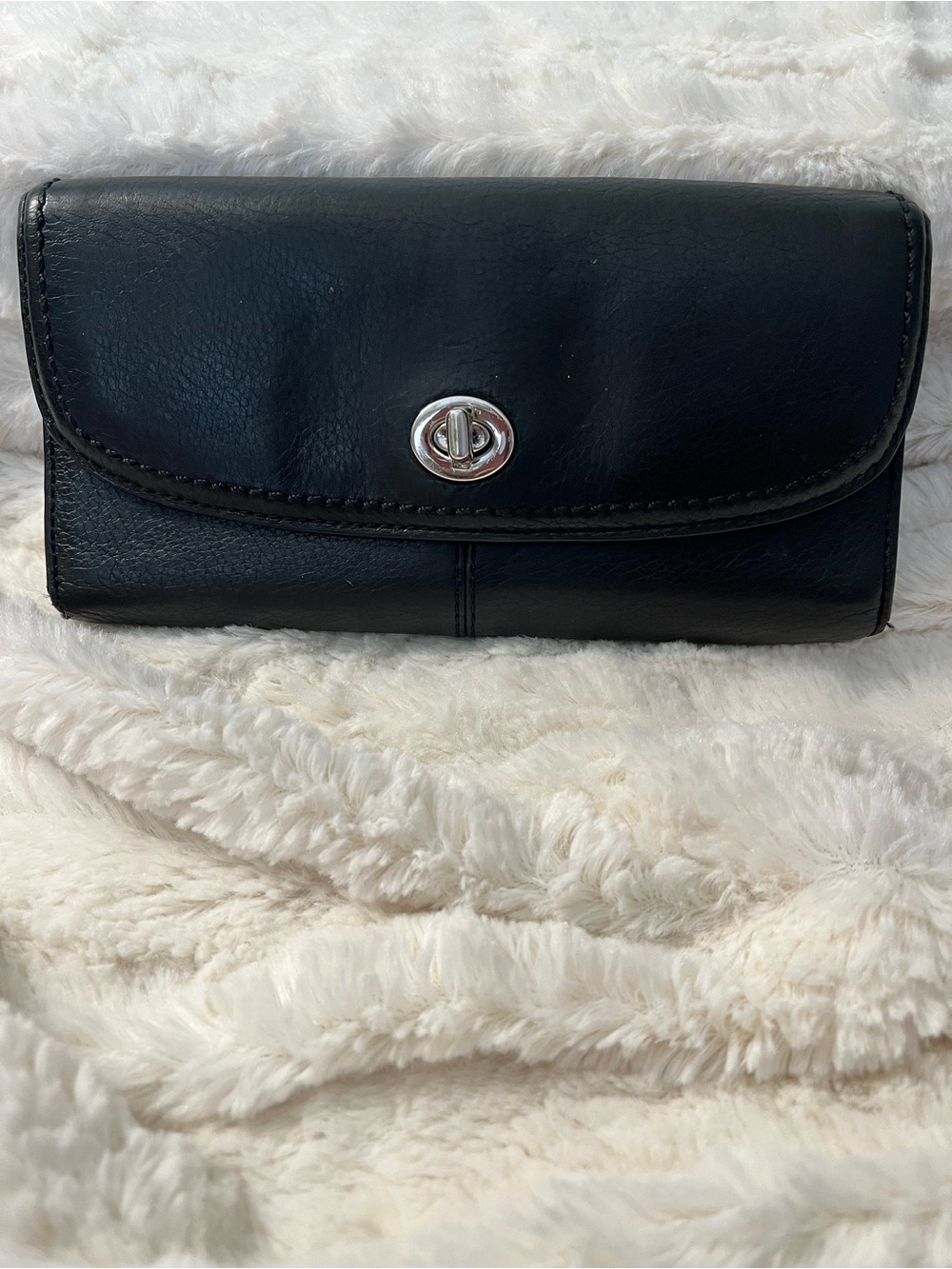Coach Classic Black Leather Wallet with Turn-Lock Closure